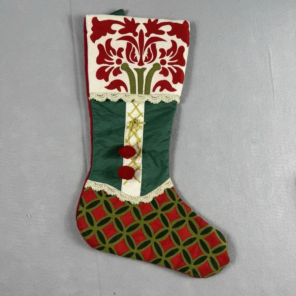 Pier 1 Set Of 2 Vintage-Style Christmas Stockings with Intricate Felt Appliqué